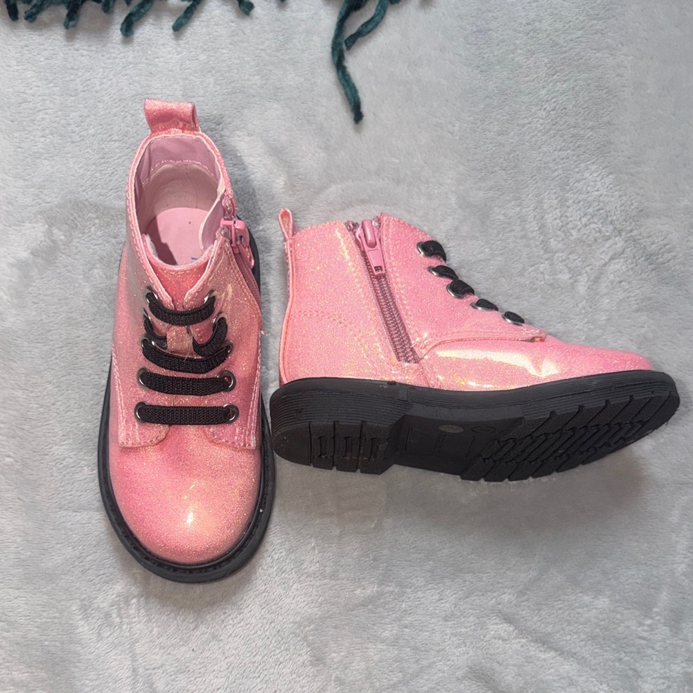 Kids Pink Glitter High-Top Boots with Side Zipper